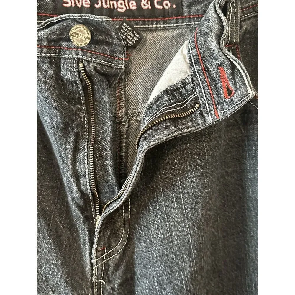 5ive Jungle Black Shorts Men Denim Baggy Hip Hop Y2K Red Chain Stitching‎ Sz 40